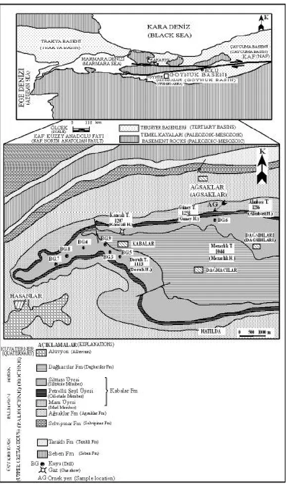 Şekil 1. Çalışma alanı yer bulduru ve jeoloji haritası (Şener ve Şengüler, 1998’ den değiştirilerek)