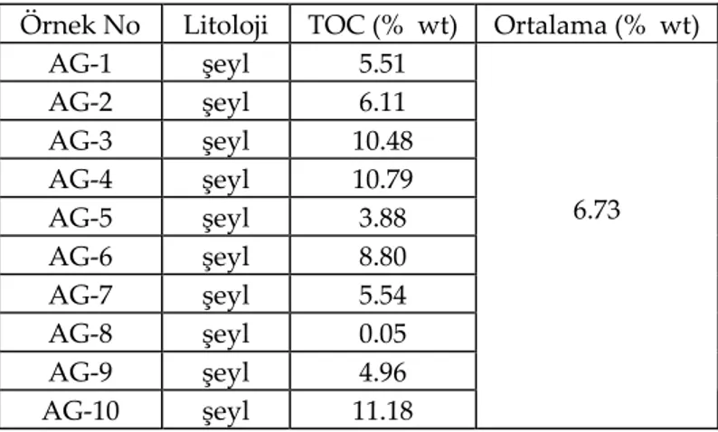 Tablo 2. Kabalar formasyonu bitümlü şeylleri üzerinde uygulanan organik jeokimyasal analizlerin  sonuçları