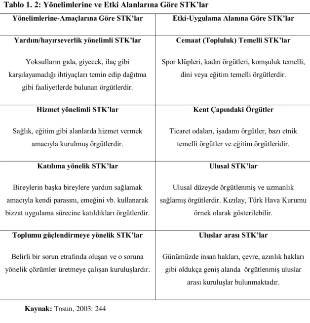 Tablo 1. 2: Yönelimlerine ve Etki Alanlarına Göre STK’lar 