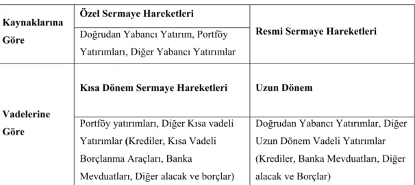 Tablo 11. Uluslararası Sermaye Hareketlerinin Sınıflandırılması 