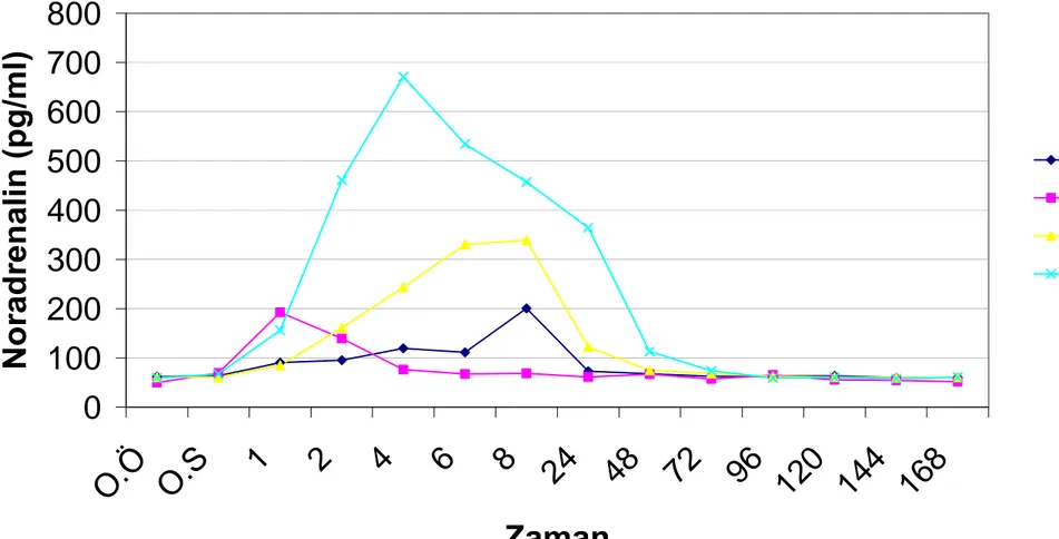 Grafik 4.2. Grup içi plazma noradrenalin seviyelerinin saatlere göre değişimleri.  0100200300400500600700800 O .Ö O .S 1 2 4 6 8 24 48 72 96 12 0 14 4 168 ZamanNoradrenalin (pg/ml) G1G2G3G4