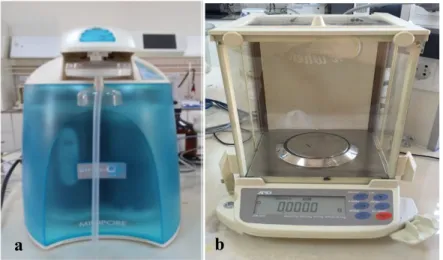 Şekil 4.1. a) Deneylerde kullanılan saf su cihazı, b) hassas terazi. 