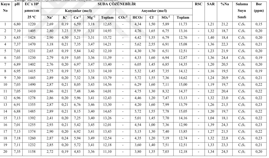 Çizelge 4.1. Mayıs Ayı Sulama Sularının Kimyasal Analiz Sonuçları  Kuyu  No  pH  EC x 10 6 µmos/cm 25  o C 