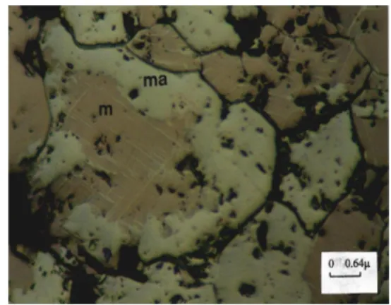 Figure 5. Martitization developed along magnetite crystal borders and fractures in the