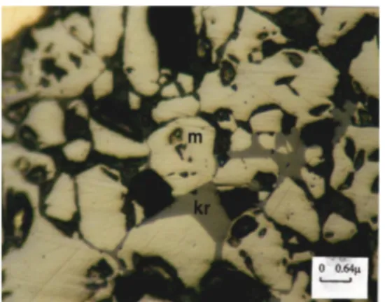 Figure 21. Martitization developed along magnetite crystal borders and fractures in the magnetite crystals (light grey).Chromitization