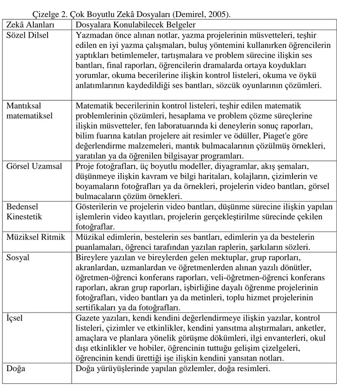 Çizelge 2. Çok Boyutlu Zekâ Dosyaları (Demirel, 2005). 