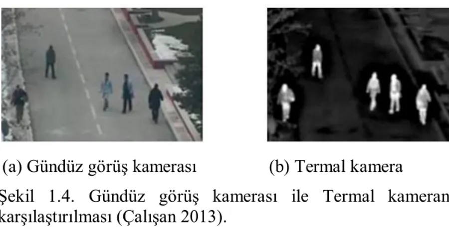 Şekil  1.4.  Gündüz  görüş  kamerası  ile  Termal  kameranın  karşılaştırılması (Çalışan 2013)
