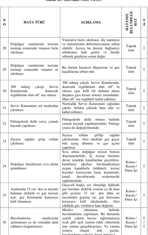 Tablo 4.9 (Devam) Hata Türleri