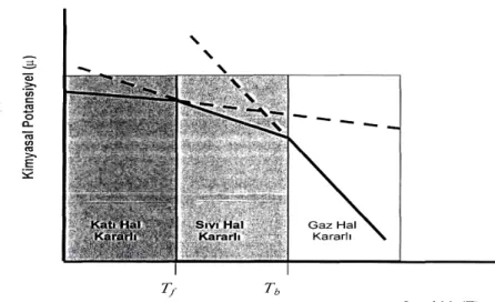 Şekil 2.1. Bir maddenin katı-sıvı ve gaz fazlarının kimyasal potansiyellerinin  sıcaklıkla değişiminin şematik olarak gösterimi 