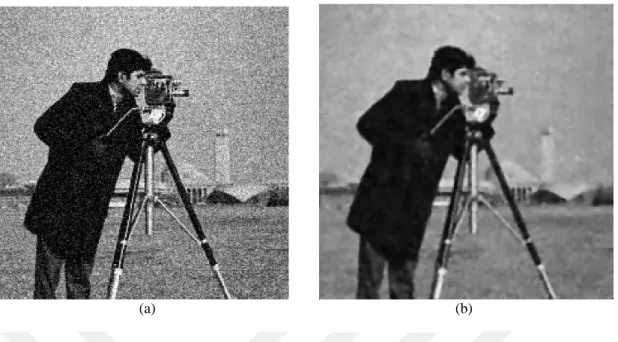 Fig. 4.1 (a) Noisy Camera man image with low-level Gaussian noise; variance = 0.001 &amp; mean = 0, (b)  The corresponding reconstructed Camera man image using circular wavelet de-noising scheme; 