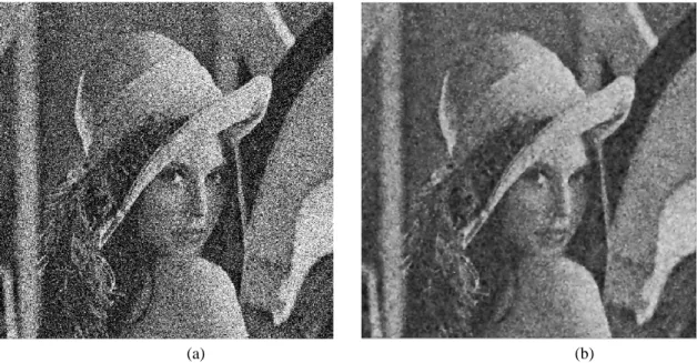 Fig. 4.8 (a) Noisy Lena image with mid-level Gaussian noise; variance = 0.01 &amp; mean = 0, (b) The  corresponding reconstructed Lena image using circular wavelet de-noising scheme; Correlation = 0.9833 