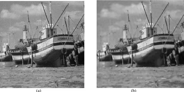 Fig. 4.10 (a) Noisy Boat image with low-level Gaussian noise; variance = 0.001 &amp; mean = 0, (b) The  corresponding reconstructed Boat image using circular wavelet de-noising scheme; Correlation = 0.9822 
