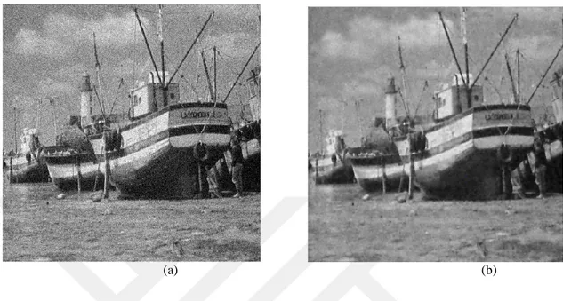 Fig. 4.12 (a) Noisy Boat image with high-level Gaussian noise; variance = 0. 1 &amp; mean = 0, (b) The  corresponding reconstructed Boat image using circular wavelet de-noising scheme; Correlation = 0.9004 