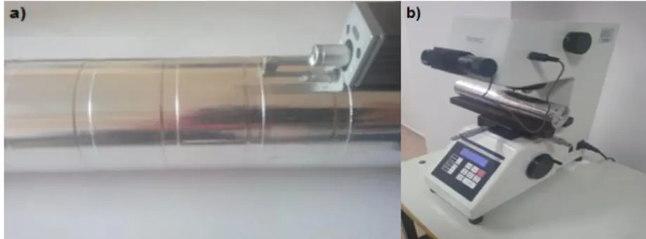 Figure 4. a) The photograph of the surface roughness measuring test b) The photograph of the Vickers  microhardness test 