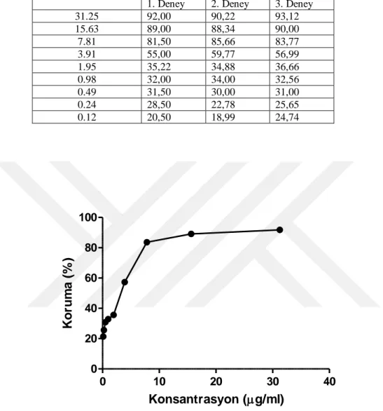 Çizelge  4.4.  ACV’nin  HSV-1’e  karşı  koruma  yüzde  oranlarını  belirlemek  amacıyla  uygulanan XTT testi sonucunda saptanan koruma % oranları 