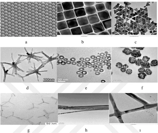 Şekil  1.5.  Nanoparçacıkların  farklı  şekilleri:  a)  nanoküre,  b)  nanoküp,  c)  nanoprizma,  d)  dallanmış  nanoyapı, e) çekirdek/kabuk, f) içi boş küre, g) tetrapod yapı, h) nanofiber ve ı) nanoçubuk  (Bae ve ark 2011) 