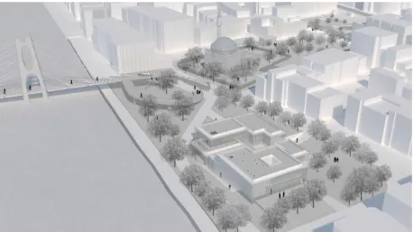 Figure 4. Render: aerial view of the  mosque and the "Mosque Factory" 