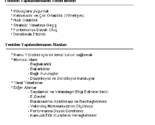 Tablo 3.3. Türk Kamu Yönetiminde 2000 Sonrası Yeniden Yapılanmada Temel  İlkeler ve Alanlar 