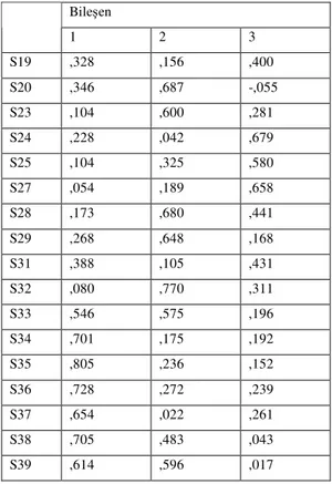 Tablo 4.14. Yönlendirilmiş Temel Bileşenler Matrisi Bileşen  1  2  3  S19  ,328  ,156  ,400  S20  ,346  ,687  -,055  S23  ,104  ,600  ,281  S24  ,228  ,042  ,679  S25  ,104  ,325  ,580  S27  ,054  ,189  ,658  S28  ,173  ,680  ,441  S29  ,268  ,648  ,168  S