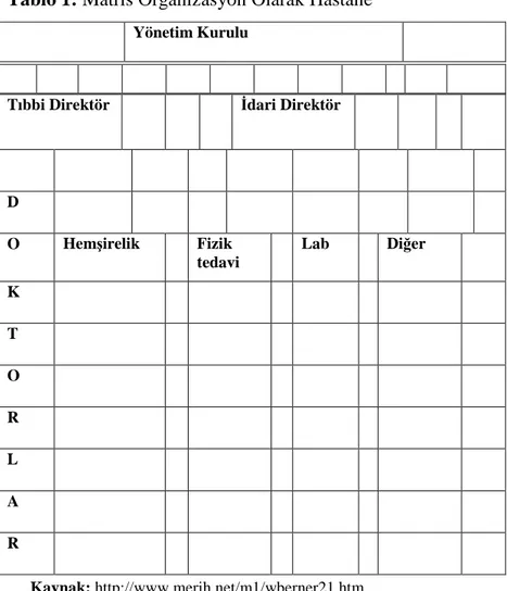 Tablo 1: Matris Organizasyon Olarak Hastane 