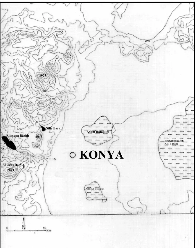 Şekil 2.1: Konya Şehri Topoğrafya Haritası  KONYAAslım Bataklığı Alakova Bataklığı Loras Dağı 2049 Altınapa Barajı 1643Sille Barajı 1925  Kurutulmuş Eski Göl Tabanı 