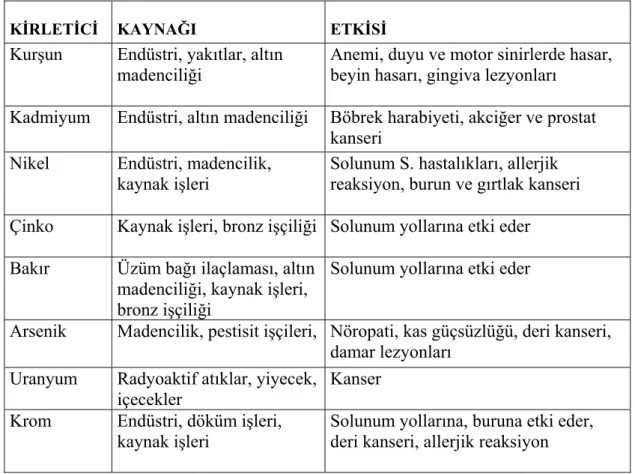 Çizelge 3.4. Toprak kirliliğine neden olan bazı  ağır metallerin etkileri ve kirliliği  oluşturan kaynaklar (Önal, 2002)