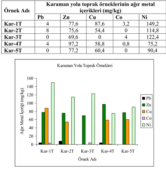 Çizelge 5.12. Karaman yolu toprak örneklerinin ağır metal içerikleri (mg/kg). 
