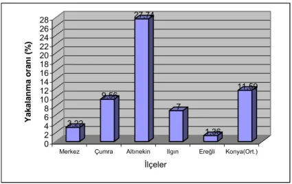 Şekil 4.4. Konya ili ve sürvey yapılan ilçelerinde 2006 yılı üretim sezonunda bakla-      olgunluk dönemindeki fasulye bitkilerinin bakteriyel hastalıklara           yakalanma oranları 