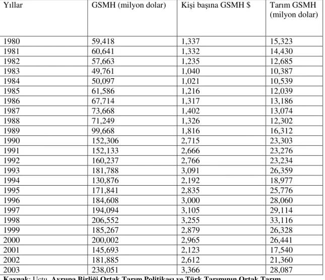 Tablo 9: Türkiye’de Tarımın GSMH İçindeki Payı 