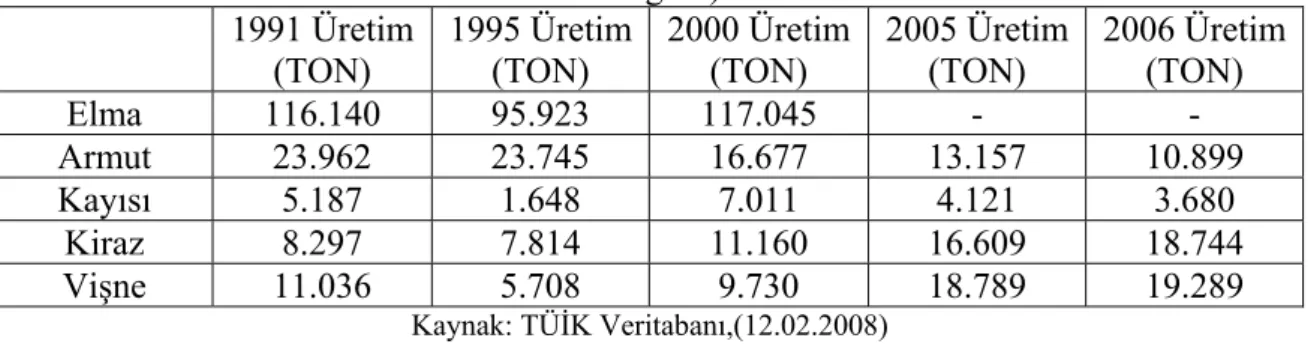 Tablo 1.23:Konya’da Yetişen Önemli Meyve Ürünleri Üretim Miktarı(CPA sınıflama- sınıflama-sına göre)   1991  Üretim  (TON)  1995 Üretim (TON)  2000 Üretim (TON)  2005 Üretim (TON)  2006 Üretim  (TON)  Elma 116.140 95.923 117.045  -  -  Armut 23.962 23.745 