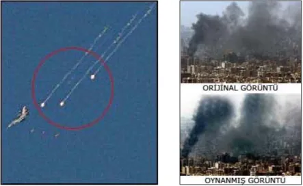 Şekil 3.8: Reuters muhabirinin bilgisayarda fotoğraflar üzerinde oynayarak  dumanları koyulaştırdığı, F–16 uçağını bombaların sayısını arttırdığı tespit edildi