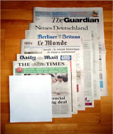 Şekil 1.2: Gazete yayıncılığında standart bir format bulunmuyor.  Le Monde Berliner, The Guardian İngiliz  broadsheet; Daily Mail Tabloid, The Times compact yayın yapıyor