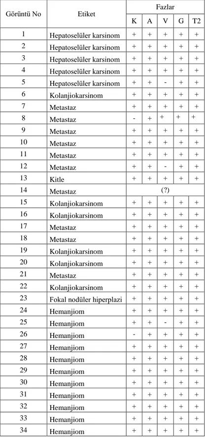 Çizelge 3.1. Karaciğer MR görüntüleri veri tabanında bulunan görüntüler ve özellikleri (K: kontrast  öncesi faz, A: arteryal faz, V: venöz faz, G: geç faz, T2: T2 fazı) 