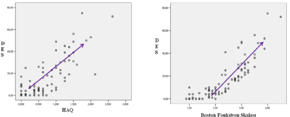 Şekil 4. DES ile HAQ ve Boston Fonksiyon Skalası arasındaki korelasyon grafikleri  