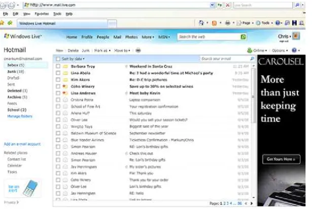 Şekil  3.2.3.3.3.  Windows  Live  Hotmail  Gelen  Kutusu  Liste  Formatı  Ekranı  Reklam  Uygulamaları  
