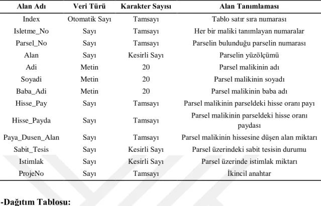 Çizelge 4.5. Kadastro tablosu 