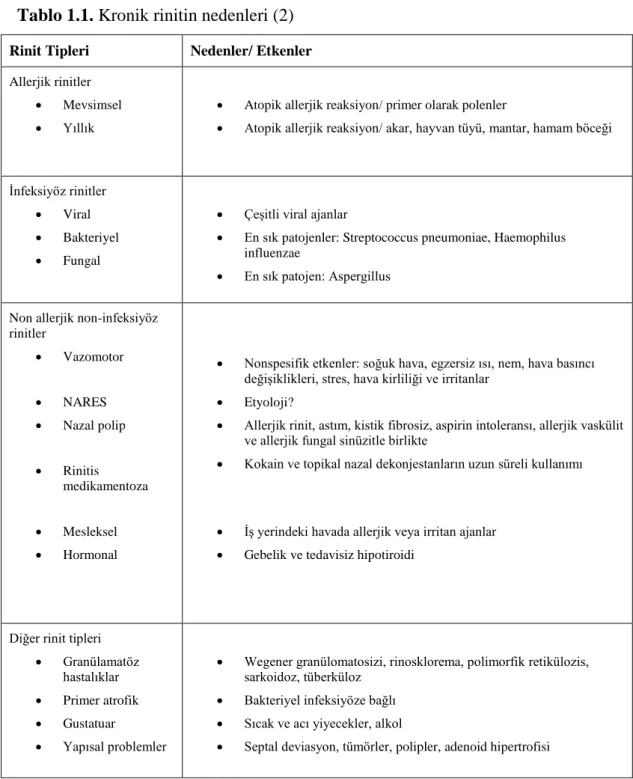 Tablo 1.1. Kronik rinitin nedenleri (2) 