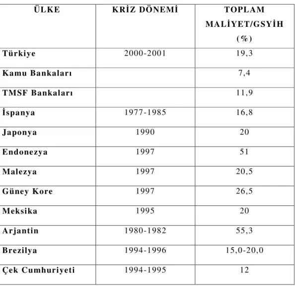 Tablo 8: Krizler ve Bankacılık Sektörüne Maliyeti 