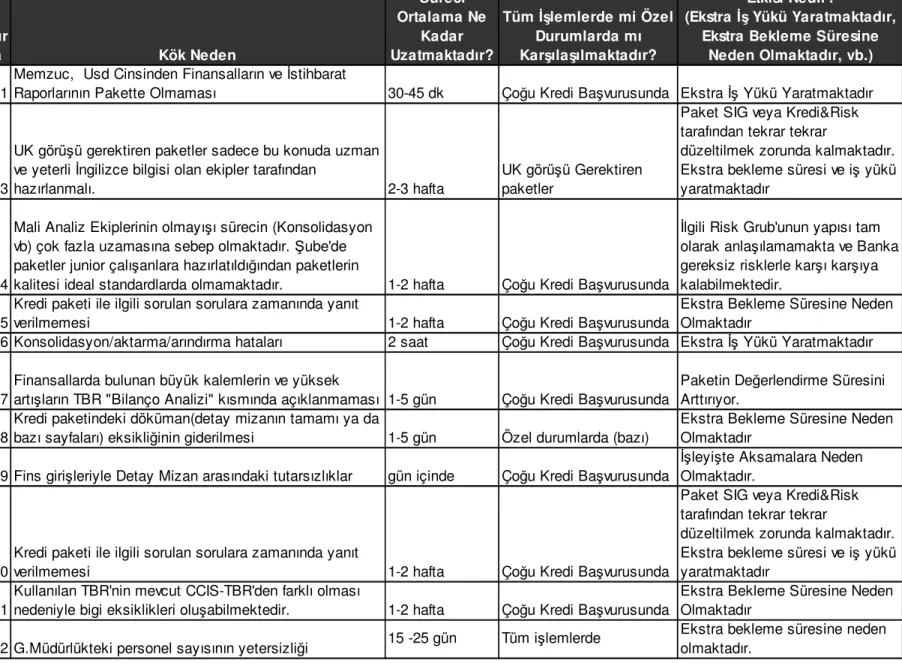 Tablo 12: Kredi Sürecini Uzatan Nedenler  Sır a Kök Neden Süreci  Ortalama Ne Kadar  Uzatmaktadır? Tüm İşlemlerde mi Özel Durumlarda mı Karşılaşılmaktadır? Etkisi Nedir? 