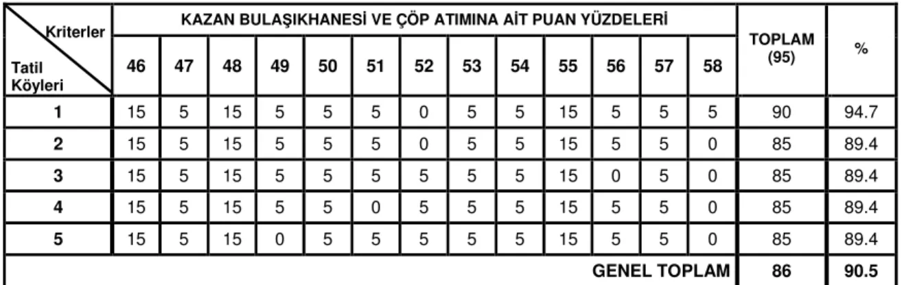 Tablo  10’da araştırma kapsamındaki  tatil köyü  mutfaklarının kazan  bulaşıkhanesi ve  çöp atım alanlarına ait puanlamalar verilmiştir