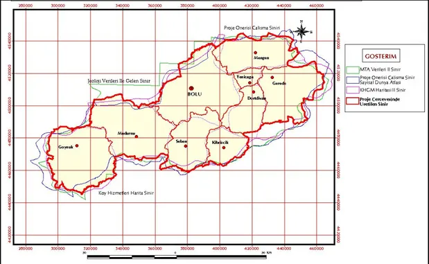 Şekil 4.1: Bolu iline ait farklı kaynaklardan elde edilen il ve ilçe sınırları 