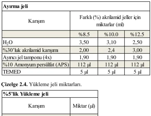 Çizelge 2.3. Ayırma jeli miktarları. 