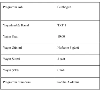 Tablo 1: Günbegün Programının Künyesi  