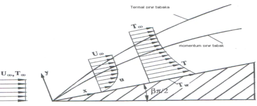 Şekil 4.5 eğimli tabaka üzerinde bir sıvının akışını göstermektedir. Burada  duvarın ısısı (T w ), tek düze sabit ve serbest akışın sıcaklığından büyüktür (T ∞ )