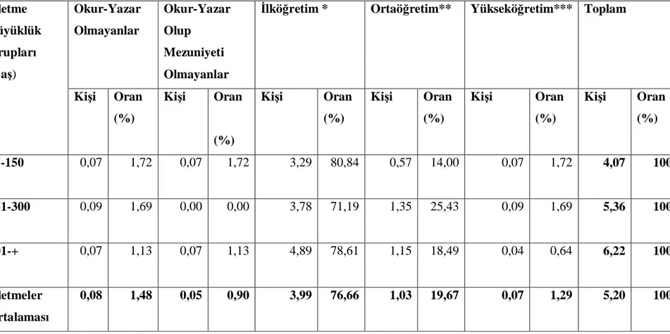 Çizelge 5.2.  letme gruplar na göre 6 ya ndan yukar  nüfusun e itim durumu (ki i) ve oranlar  (%) Okur-Yazar Olmayanlar Okur-YazarOlup Mezuniyeti Olmayanlar