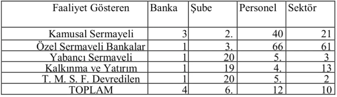 Tablo 2.1. : Türk Bankacılık Siteminde Faaliyet Gösteren Bankalar  Faaliyet Gösteren  Bankalar  Banka Sayısı  Şube  Sayısı  Personel Sayısı  Sektör  Payları %  Kamusal Sermayeli  3  2