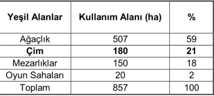 Çizelge 1.3. Konya kenti aktif yeşil alanlarının kullanım durumu (Şahin 2005). 