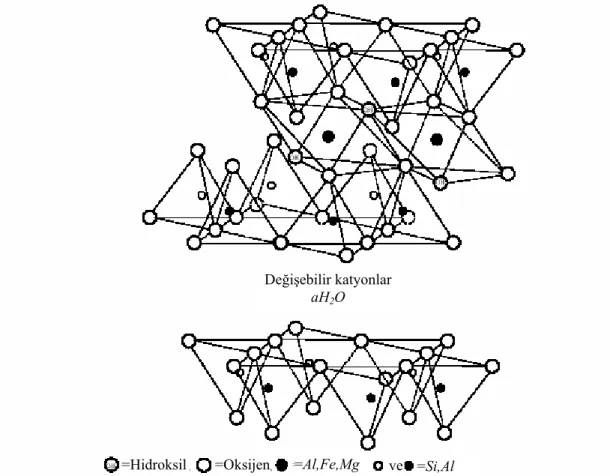 Şekil 2.2 .  Tetrahedral ve Oktehedral tabakalardan oluşan 2:1 katmanı (Smektit) 