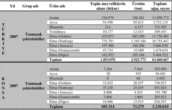 Çizelge 1.1 Türkiye ve Konya ilinin 2007 yılına ait yumuşak çekirdekli meyvelerinin  istatistiki verileri 