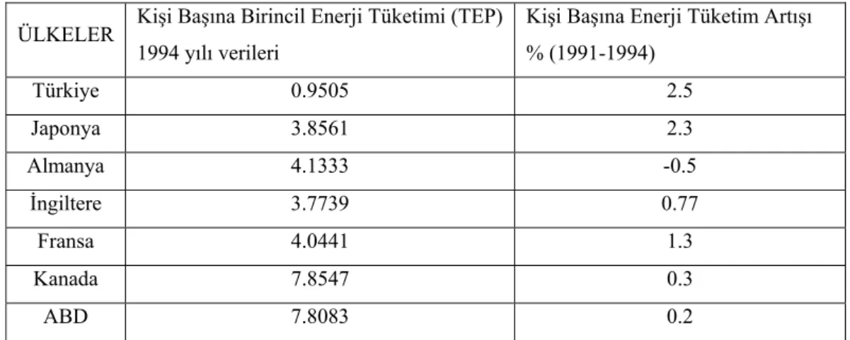 Tablo 3.1: Ülkelere göre kişi başına düşen enerji tüketim ve tüketim artışı        (Eray 2002)